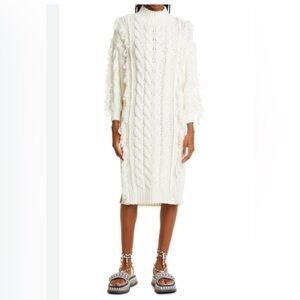 Farm Rio NWT White Midi Sweater Dress Off White Size M Chunky Cable Knit Fringe